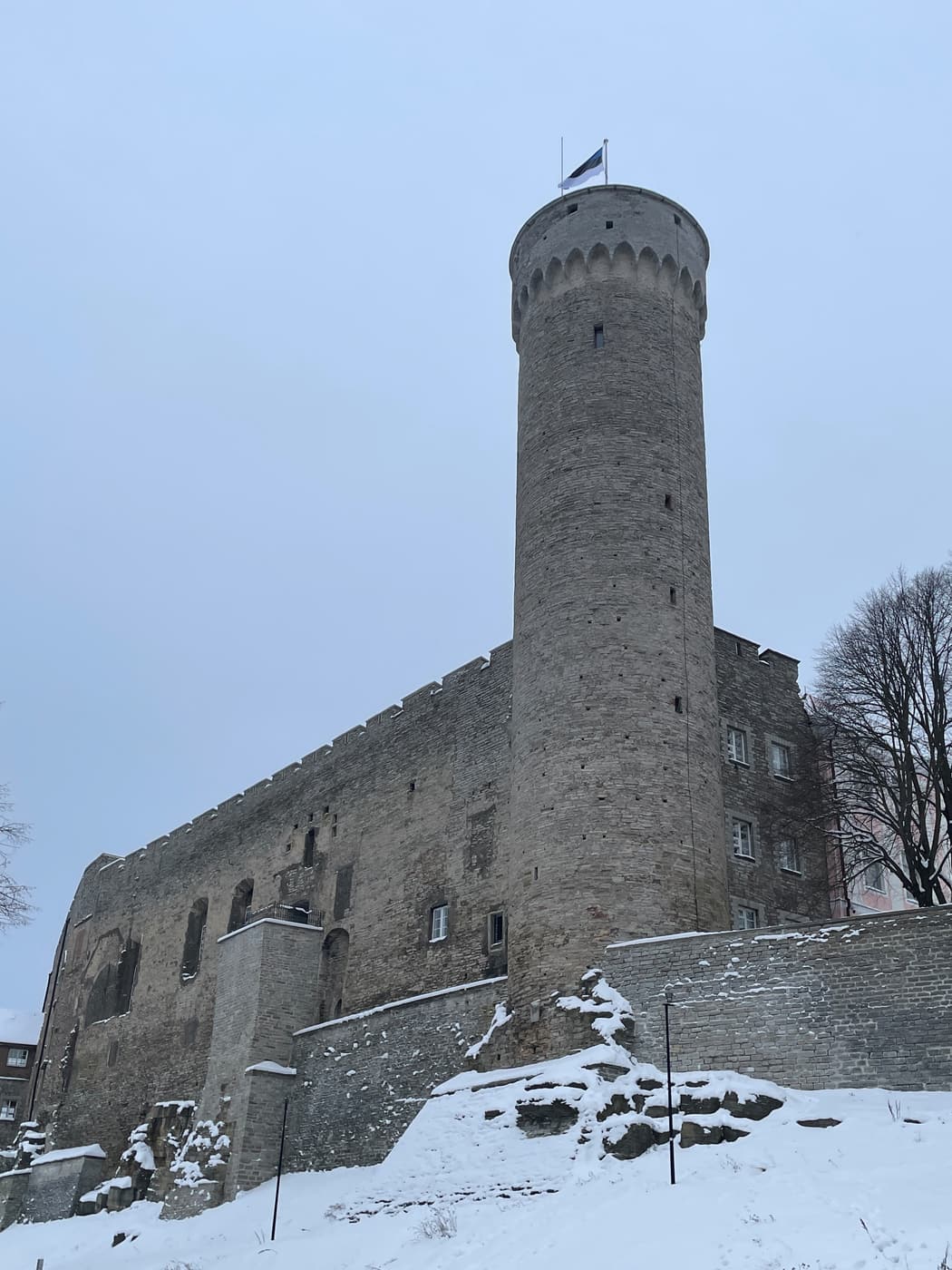La torre Pikk Hermann e le mura del castello di Toompea, con la bandiera estone, a Tallinn