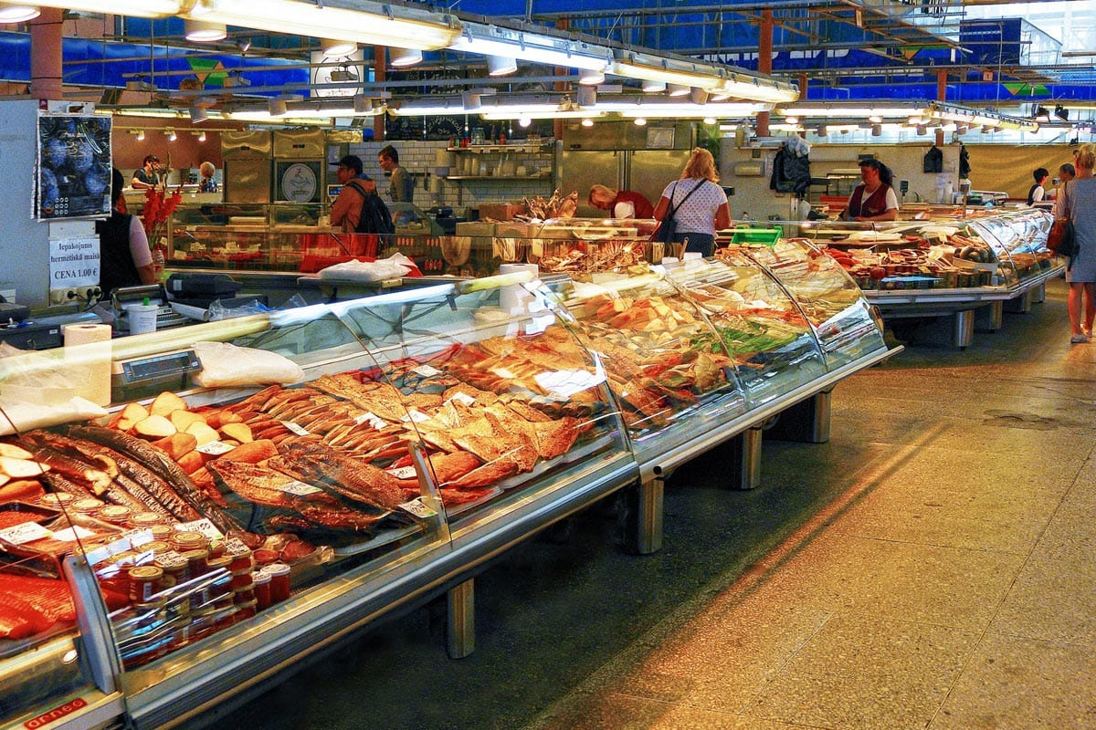The fish counters in the Central Market fish pavilion in Riga