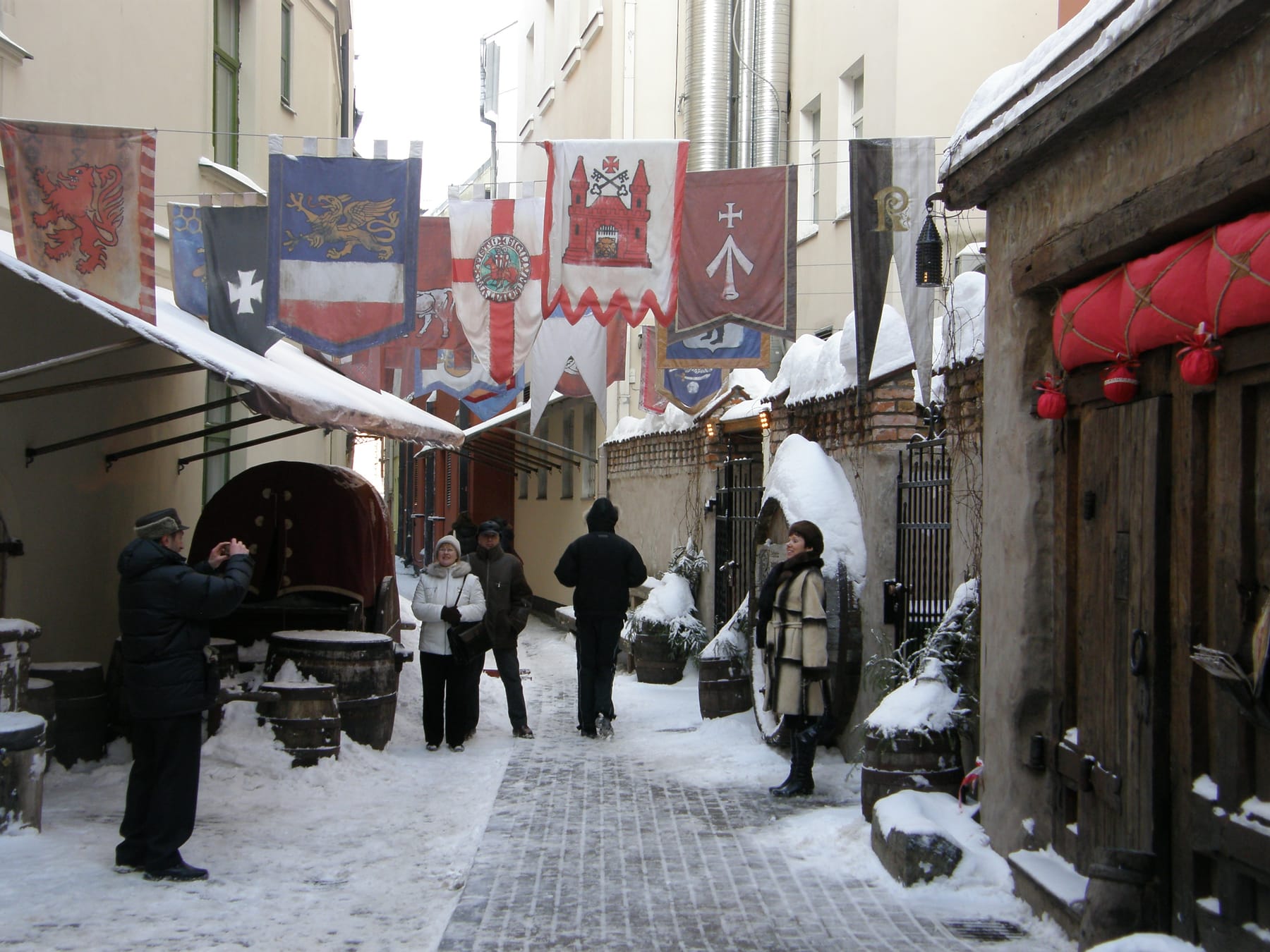 Snow on the streets and rooftops of Riga's Old Town in winter